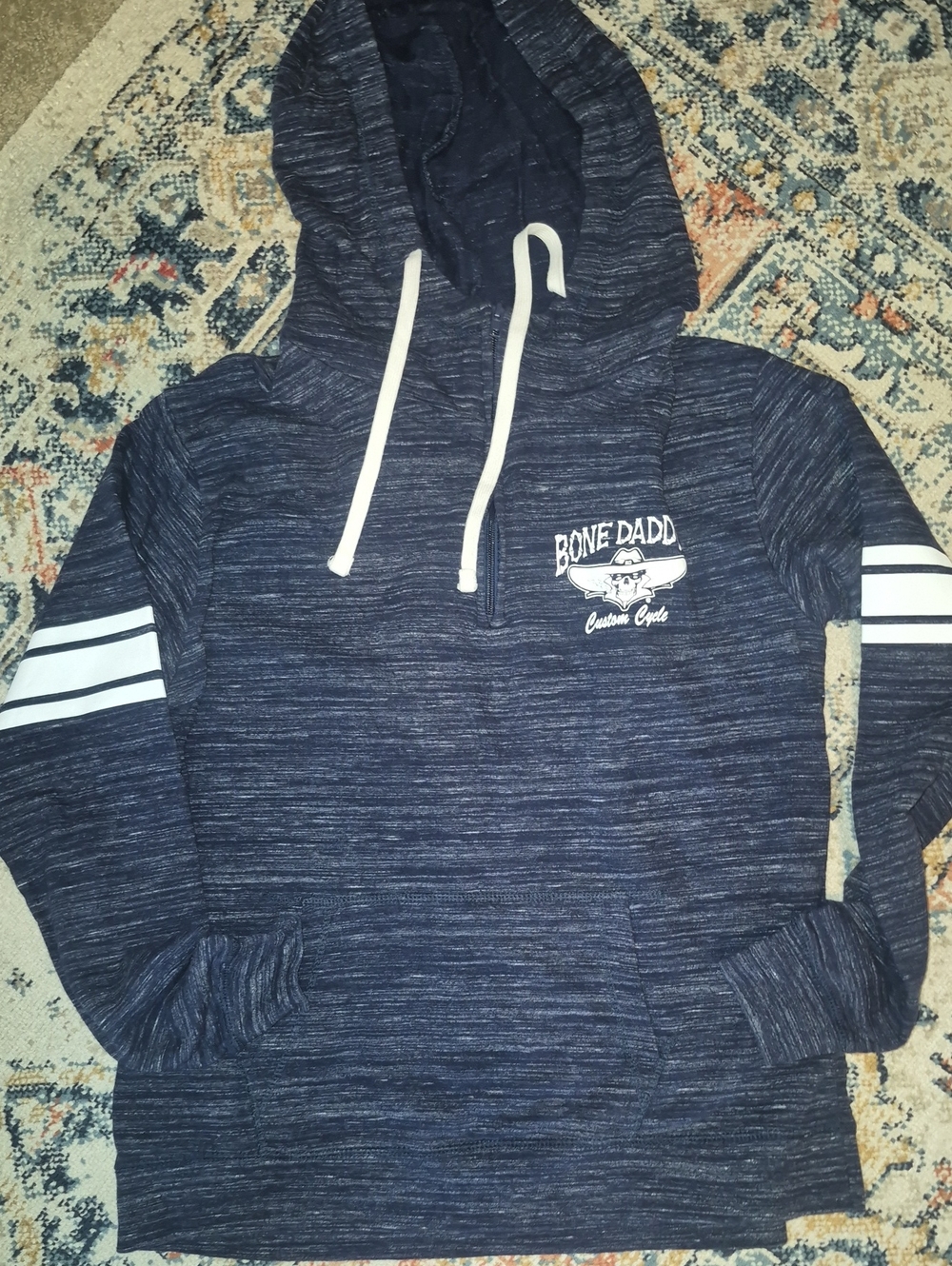 Navy Hooded Pullover Sweater with Stripe Sleeves